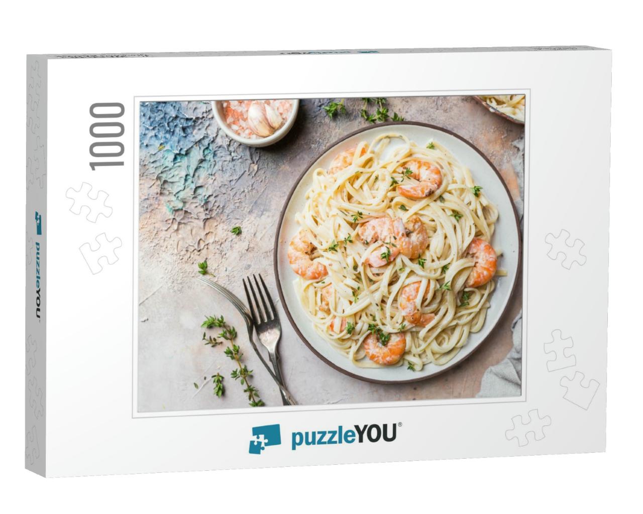 Italian Pasta Fettuccine in a Creamy Sauce with Shrimp on... Jigsaw Puzzle with 1000 pieces