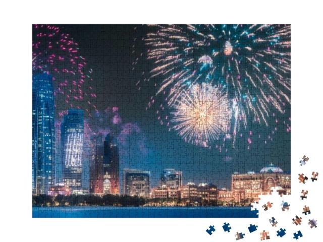 Beautiful Fireworks Above Abu Dhabi Skyline At Night, Uni... Jigsaw Puzzle with 1000 pieces