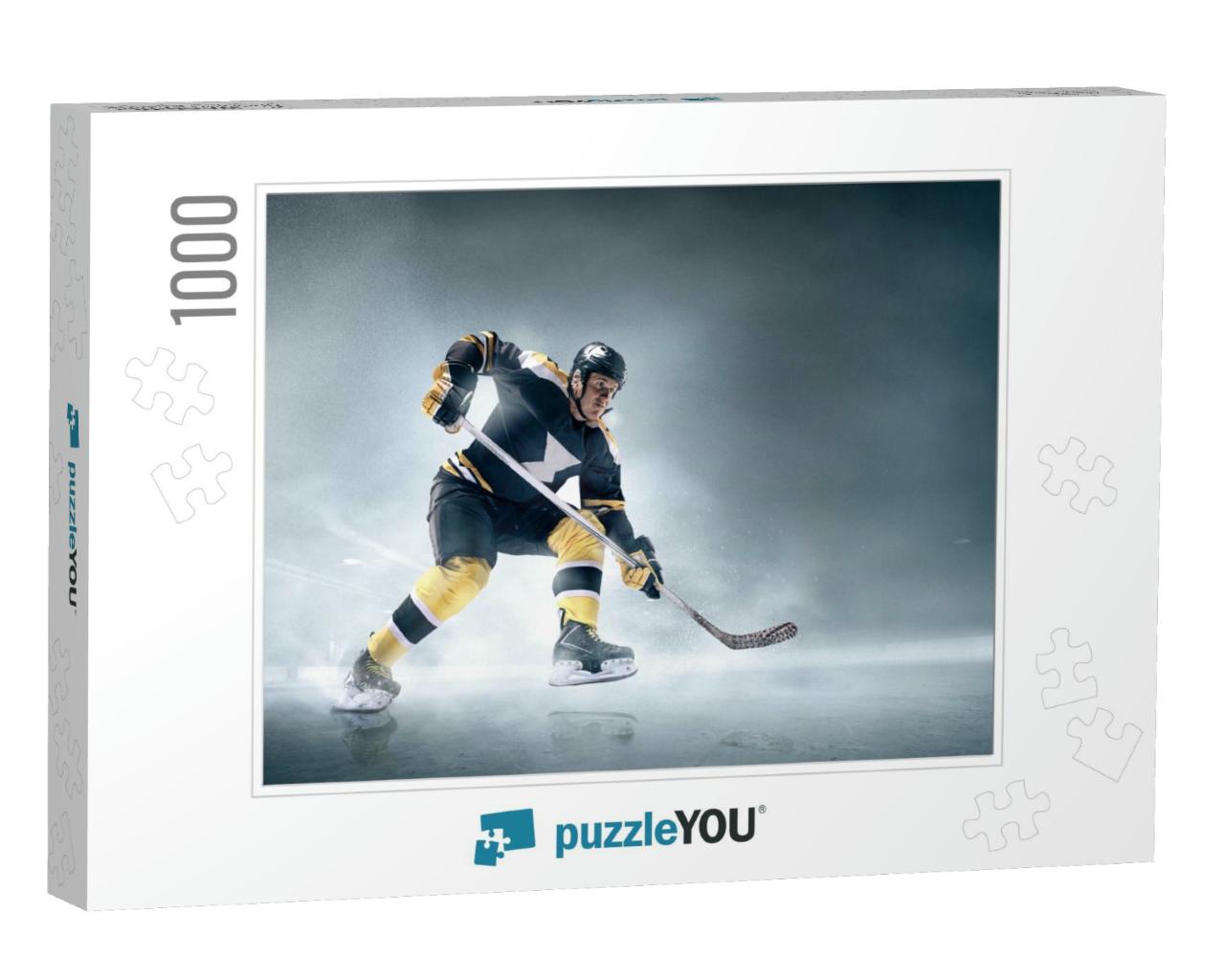 Decisive Throw of the Puck & Goal. Ice Hockey Player in A... Jigsaw Puzzle with 1000 pieces