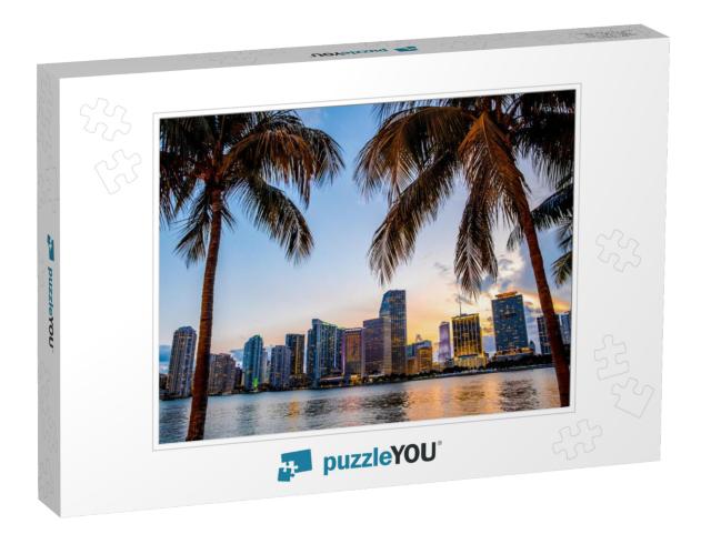 Miami, Florida Skyline & Bay At Sunset Seen Through Palm... Jigsaw Puzzle