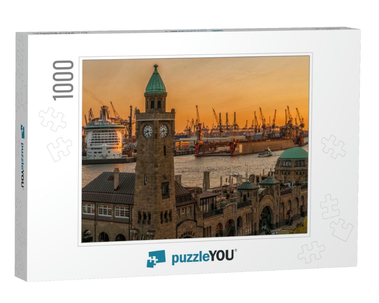 Sunset Over the Landungsbruecken & the Port in Hamburg... Jigsaw Puzzle with 1000 pieces