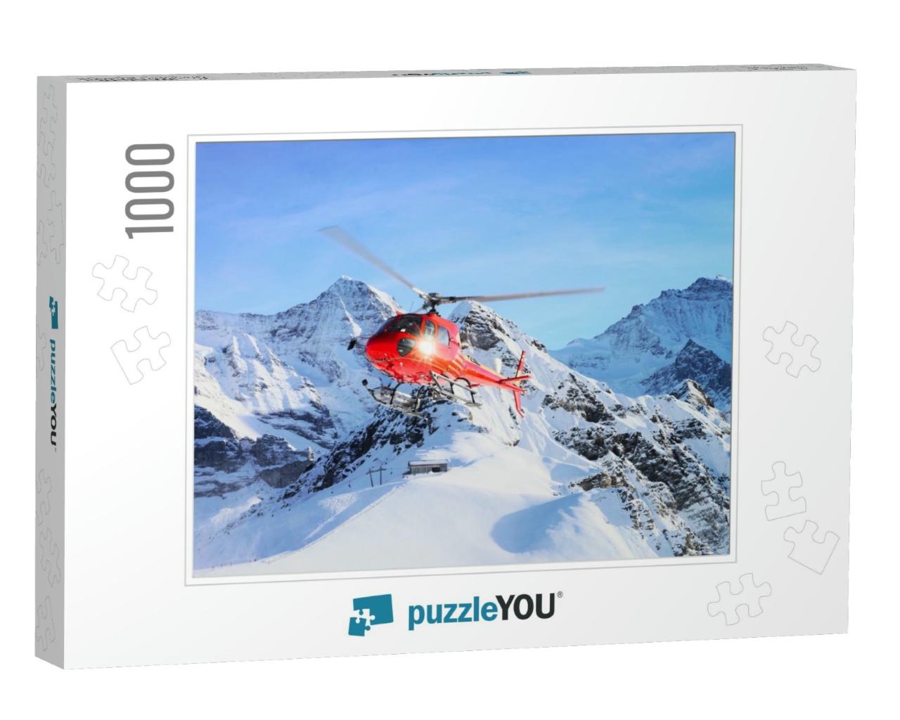 Red Helicopter Flying in Swiss Alps Mountain Mannlichen i... Jigsaw Puzzle with 1000 pieces
