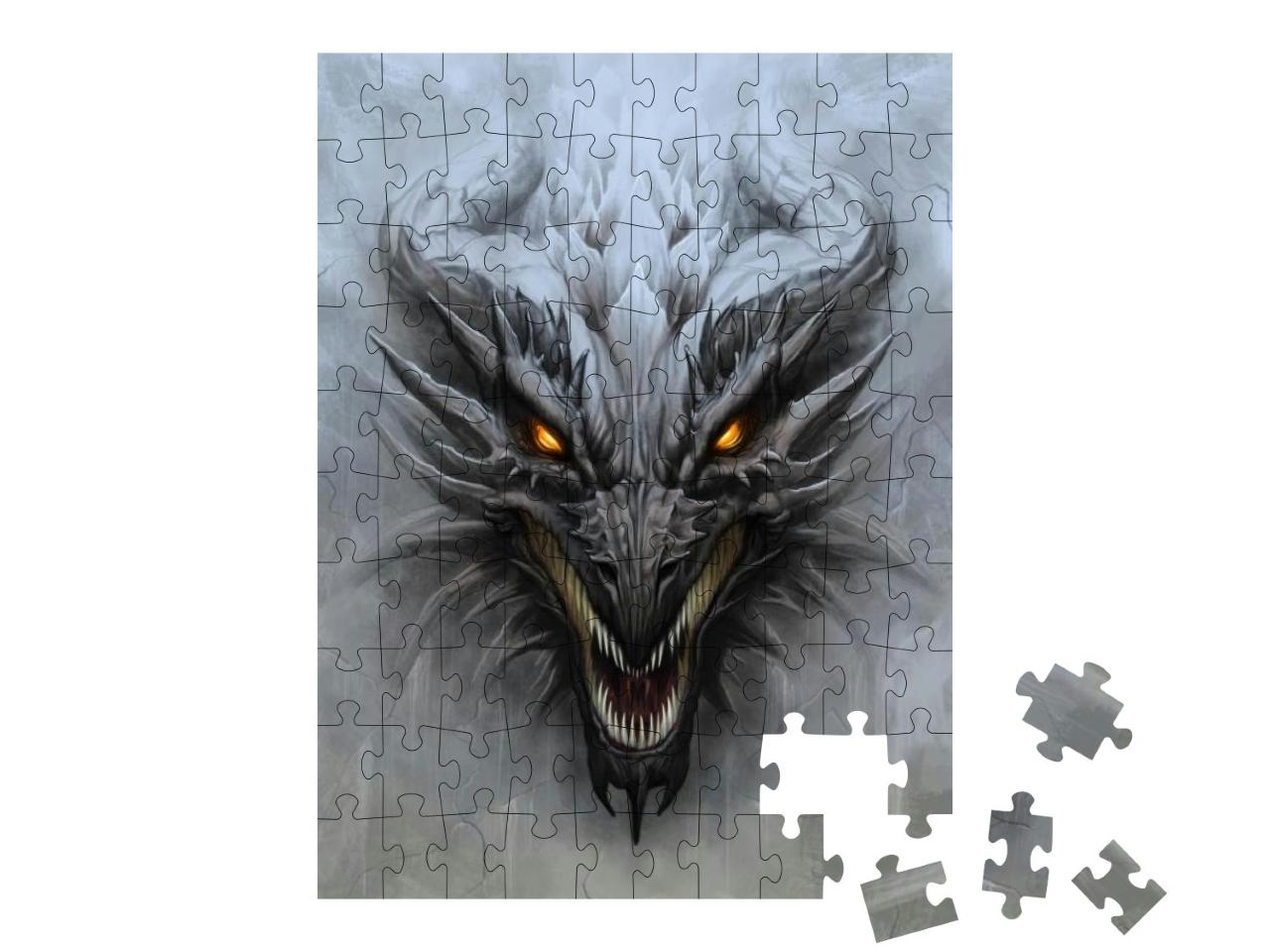 Dragon Head on the Gray Stone Background. Digital Paintin... Jigsaw Puzzle with 100 pieces
