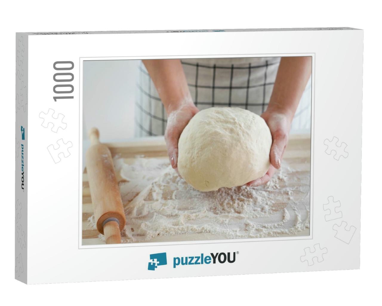 Woman Holds Dough in Her Hands & Shows At Camera. Increas... Jigsaw Puzzle with 1000 pieces