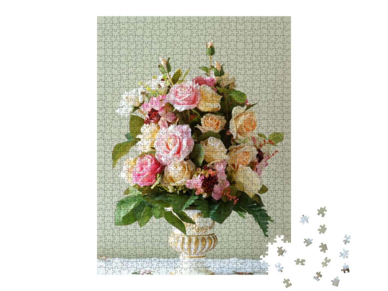 Bouquet Flower in the Vase on the Brown Background... Jigsaw Puzzle with 1000 pieces