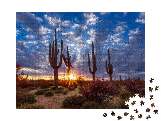 Arizona Desert Landscape with Saguaro Cactus At Sunset... Jigsaw Puzzle with 1000 pieces