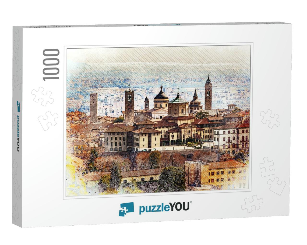Panoramic View on Upper Old City Citta Alta in Bergamo wi... Jigsaw Puzzle with 1000 pieces