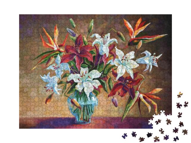An Oil Painting on Canvas. Strelitzia Among the Lilies. A... Jigsaw Puzzle with 1000 pieces