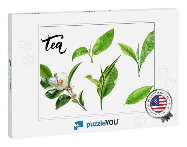 Tea Leaves Watercolor Illustration Isolated on White Back... Jigsaw Puzzle