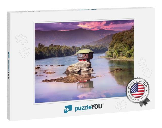 Drina House Dramatic Sunset & Reflection - Colorful Littl... Jigsaw Puzzle