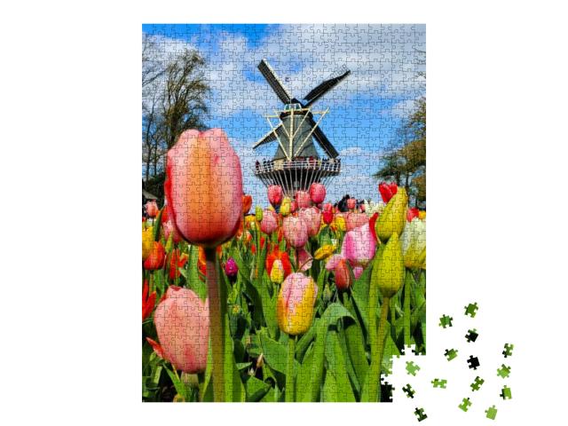 Traditional Dutch Windmill Behind a Close Up of Colorful... Jigsaw Puzzle with 1000 pieces