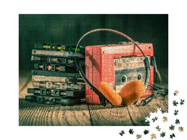 Closeup of Cassette Tape, Red Walkman & Headphones... Jigsaw Puzzle with 1000 pieces