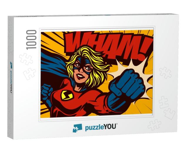 Pop Art Comic Book Style Super Heroine Punching with Fema... Jigsaw Puzzle with 1000 pieces