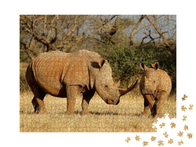 White Rhinoceros Ceratotherium Simum with Calf in Natural... Jigsaw Puzzle with 1000 pieces