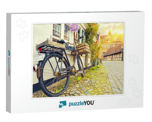 Vintage Bicycle on House Wall At Sunset, Old Town Street... Jigsaw Puzzle