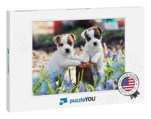 Two White Puppy Jack Russell Terrier Standing on Tree Stu... Jigsaw Puzzle