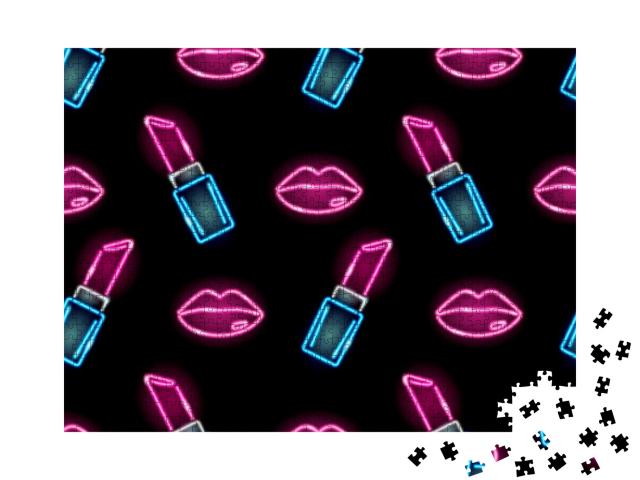 Seamless Pattern with Neon Icons of Lipstick & Female Lip... Jigsaw Puzzle with 1000 pieces