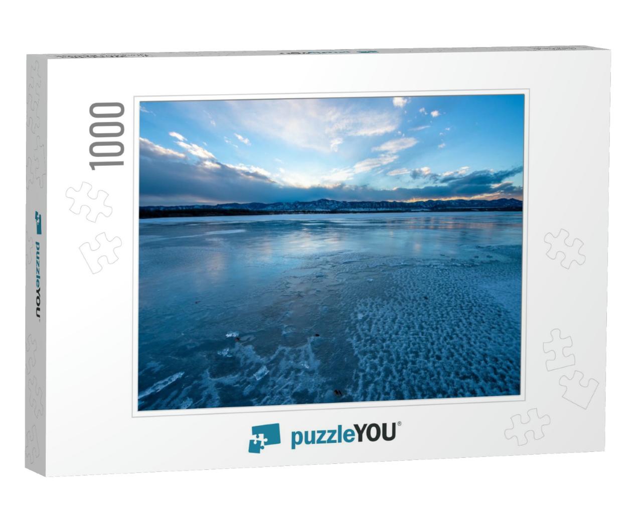 Sunset Stormy Icy Lake - Sunset At a Frozen Solid Mountai... Jigsaw Puzzle with 1000 pieces