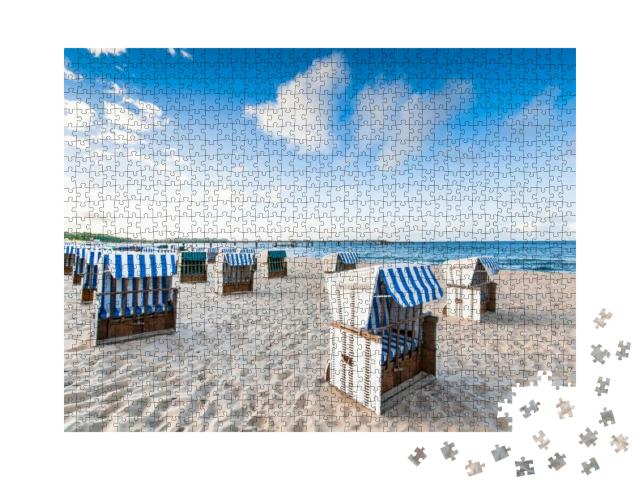 Closed Wicker Beach Chairs on Empty Sandy Beach At Baltic... Jigsaw Puzzle with 1000 pieces