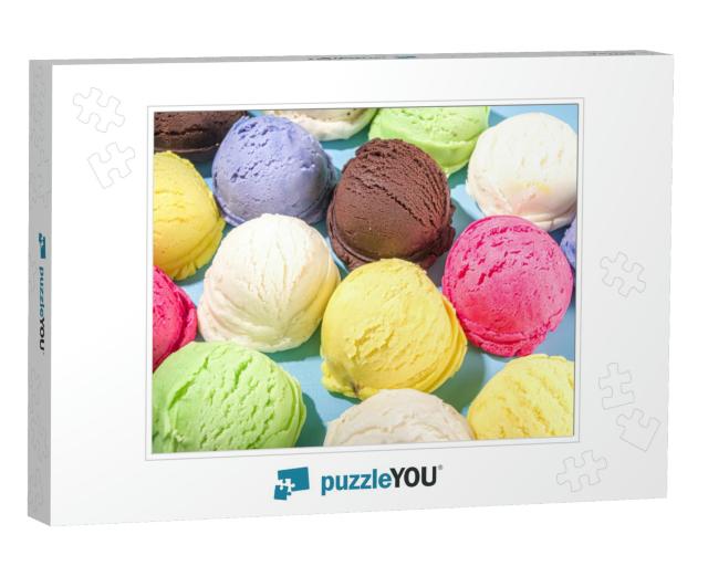 Colorful Various Ice Cream Scoops Pattern on Pastel Blue... Jigsaw Puzzle