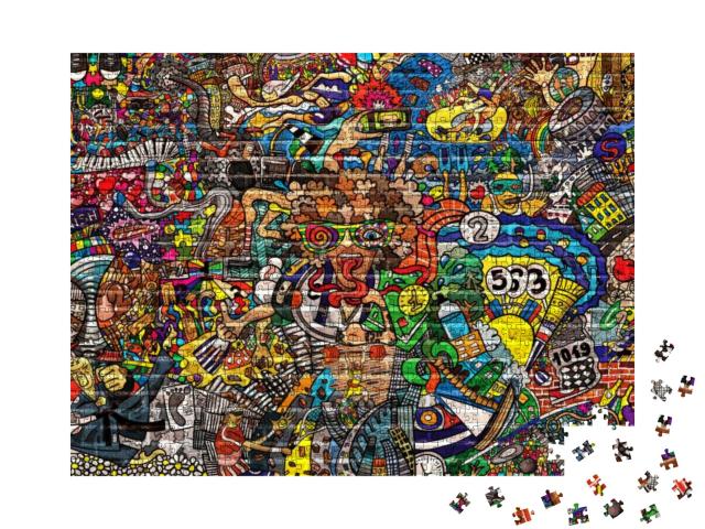 Sports Collage on a Large Brick Wall, Graffiti... Jigsaw Puzzle with 1000 pieces