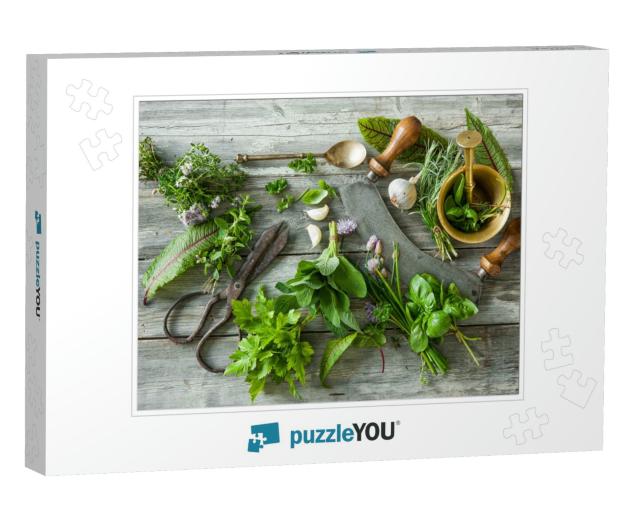 Fresh Kitchen Herbs & Spices on Wooden Table. Top View... Jigsaw Puzzle
