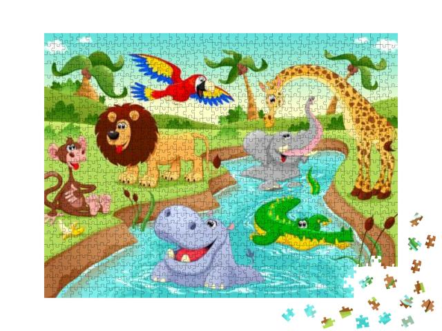 African Animals in the Jungle. Cartoon & Vector Illustrat... Jigsaw Puzzle with 1000 pieces