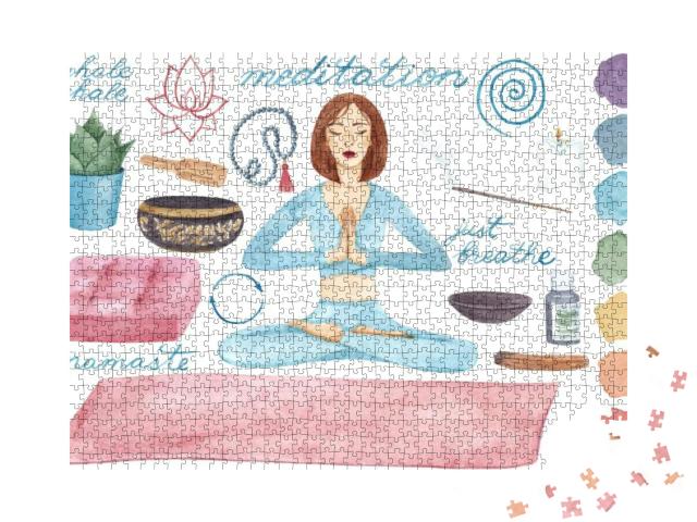 Meditation Space Set. Watercolor Hand Drawn Yoga E... Jigsaw Puzzle with 1000 pieces