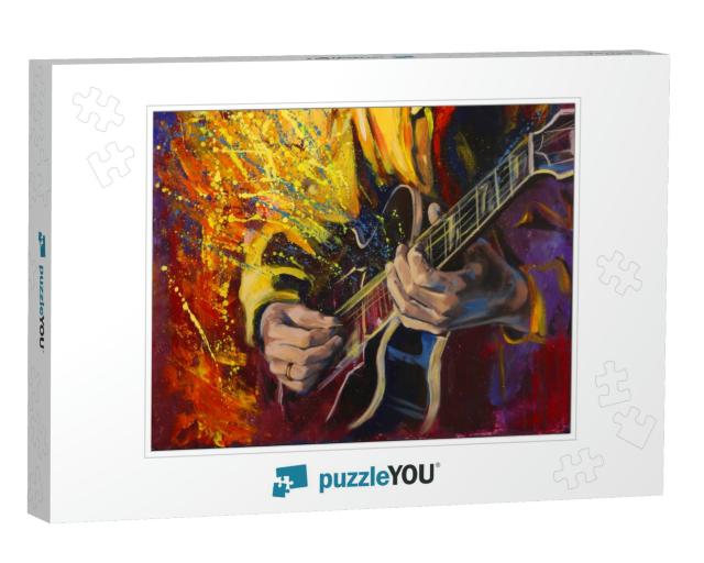 Jazz Guitarists Hands, Playing Guitar, with Multicolored... Jigsaw Puzzle
