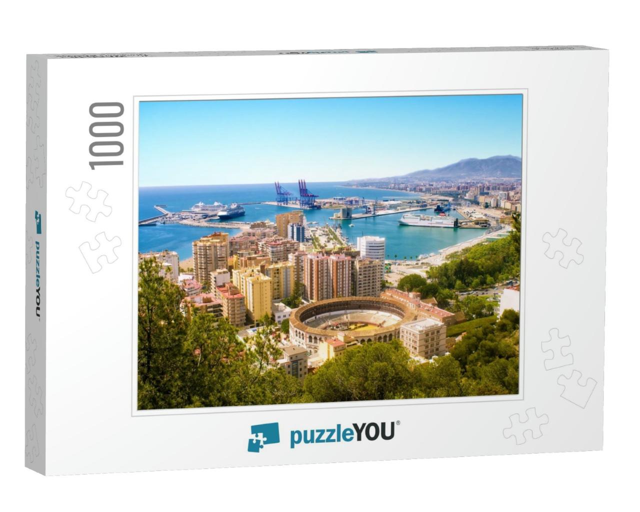 View of Malaga with Bullring & Harbor. Spain... Jigsaw Puzzle with 1000 pieces