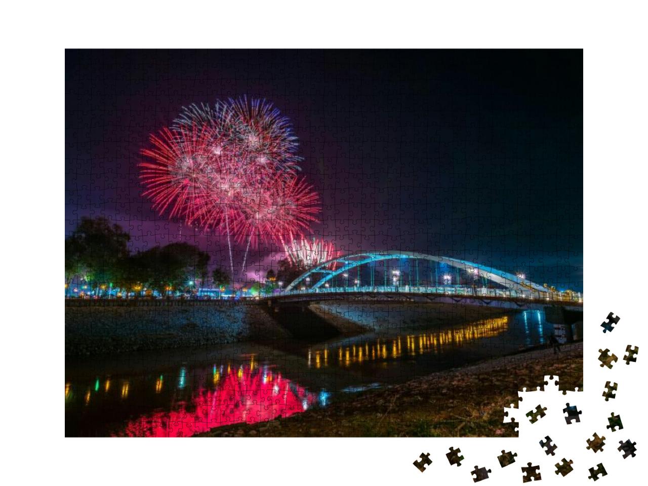 Beautiful Fireworks & Light Chan Palace Bridge Over the N... Jigsaw Puzzle with 1000 pieces