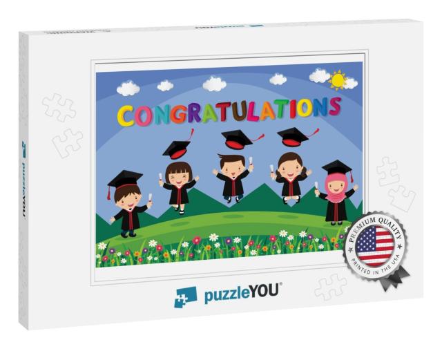 Congratulated Kids Graduate. Happy Student Jumping... Jigsaw Puzzle