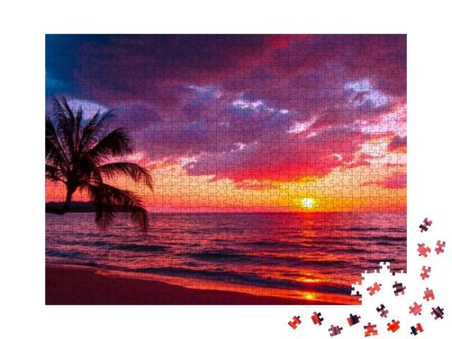 Beautiful Sunset Tropical Beach with Palm Tree & Pink Sky... Jigsaw Puzzle with 1000 pieces