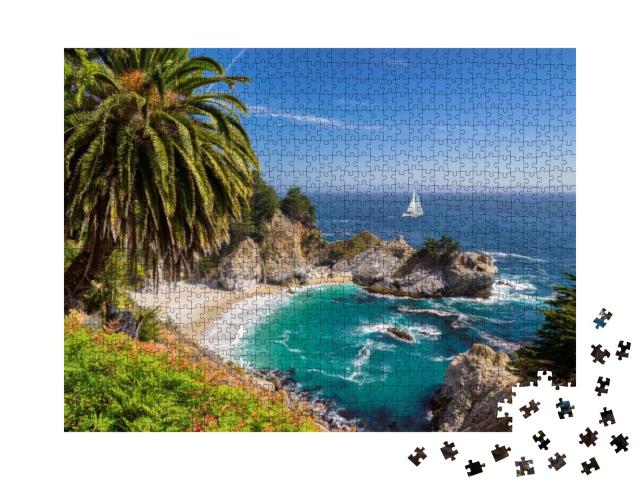 Beautiful Beach with Palm Trees & the White Yacht on the... Jigsaw Puzzle with 1000 pieces