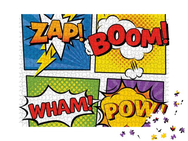 Vector of Zap, Boom, Pow Text Over Explosions on Four Col... Jigsaw Puzzle with 1000 pieces