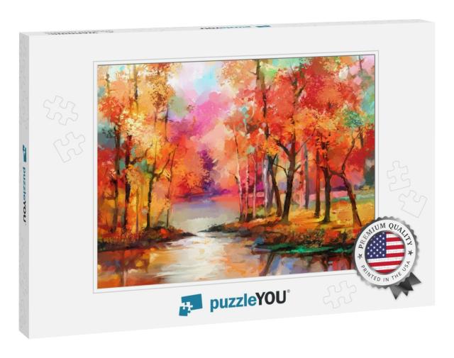 Oil Painting Colorful Autumn Trees. Semi Abstract Image o... Jigsaw Puzzle