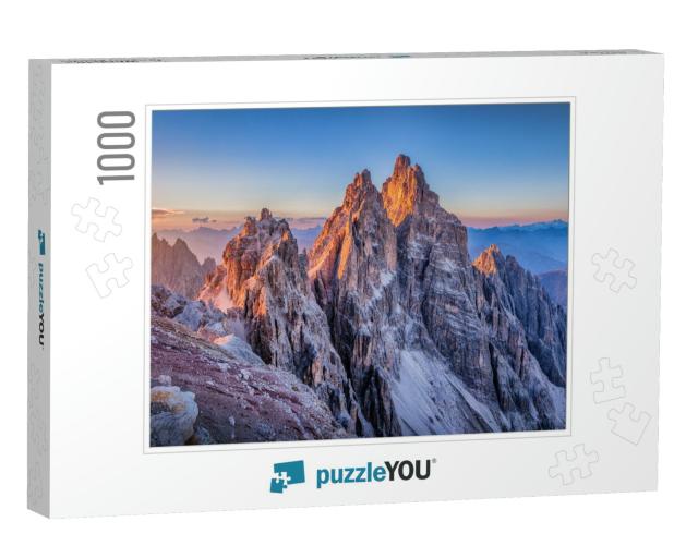 Panoramic View of Famous Dolomites Mountain Peaks Glowing... Jigsaw Puzzle with 1000 pieces