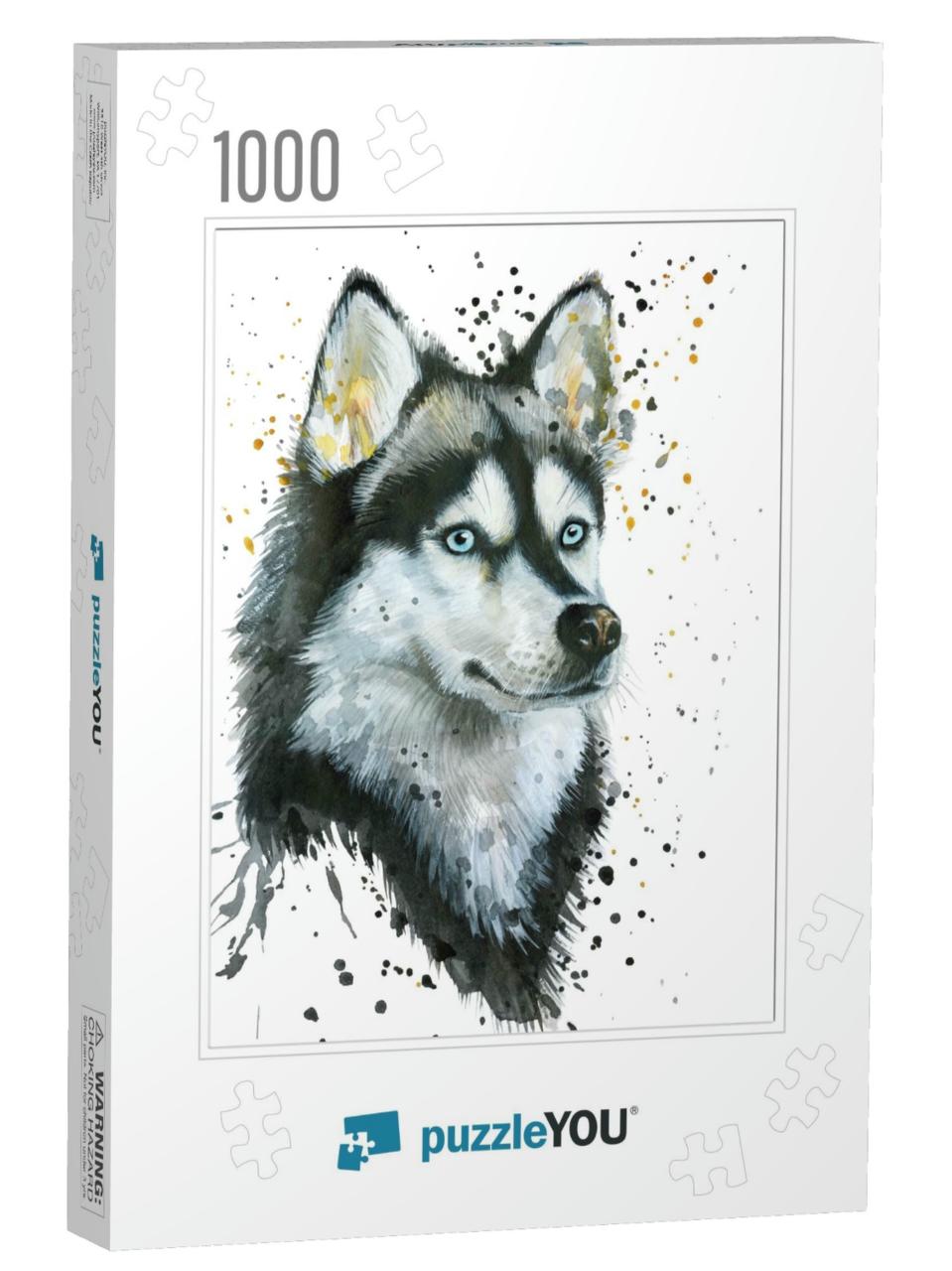 Watercolor Illustration of Husky Dog. Hand Drawn... Jigsaw Puzzle with 1000 pieces
