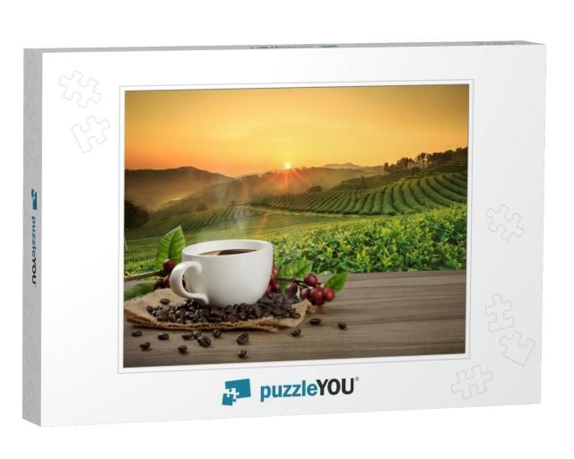 Hot Coffee Cup with Fresh Organic Red Coffee Beans & Coff... Jigsaw Puzzle