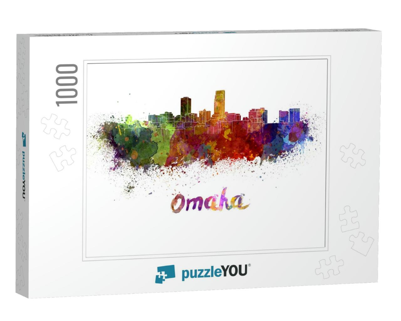 Omaha Skyline in Watercolor Splatters with Clipping Path... Jigsaw Puzzle with 1000 pieces
