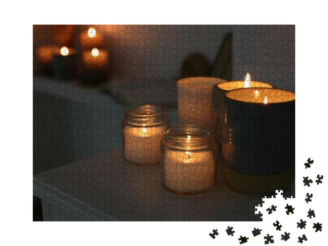 Burning Wax Candles on White Table in Room, Space for Tex... Jigsaw Puzzle with 1000 pieces