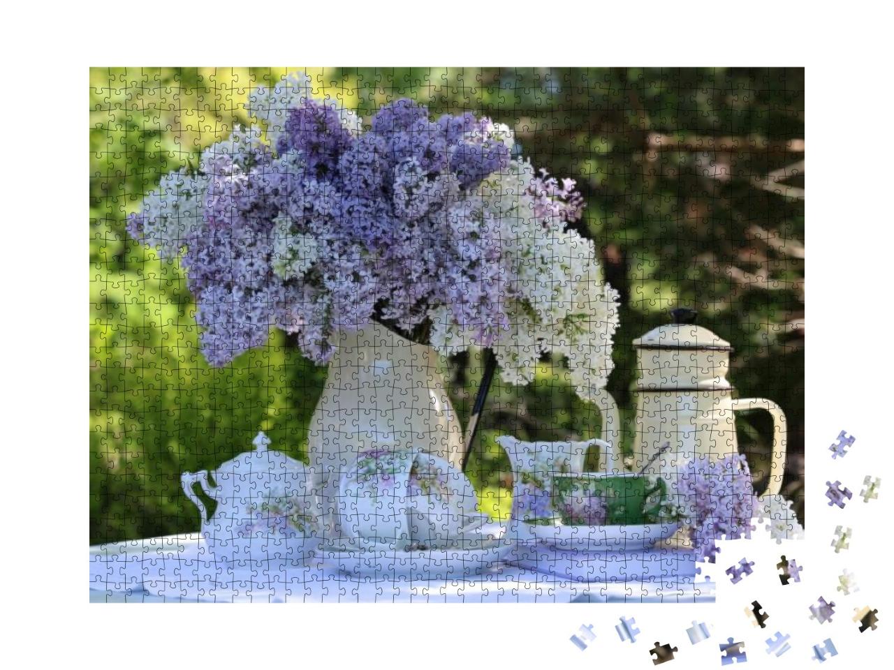 Bouquet, Branches of White & Purple Lilac in Enamel Pitch... Jigsaw Puzzle with 1000 pieces