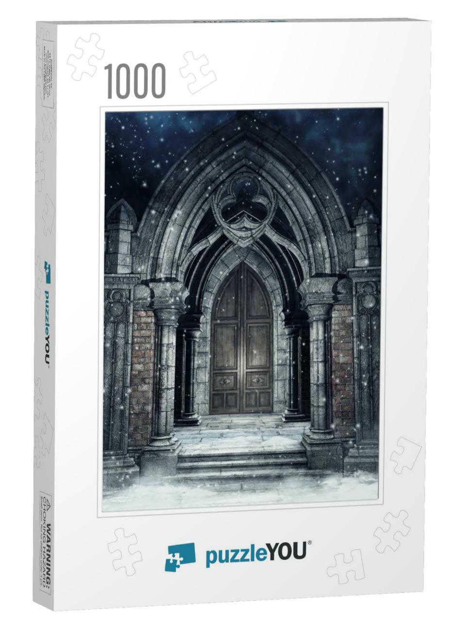 Snowy Scene with a Stone Gothic Gate At Night. 3D Illustr... Jigsaw Puzzle with 1000 pieces