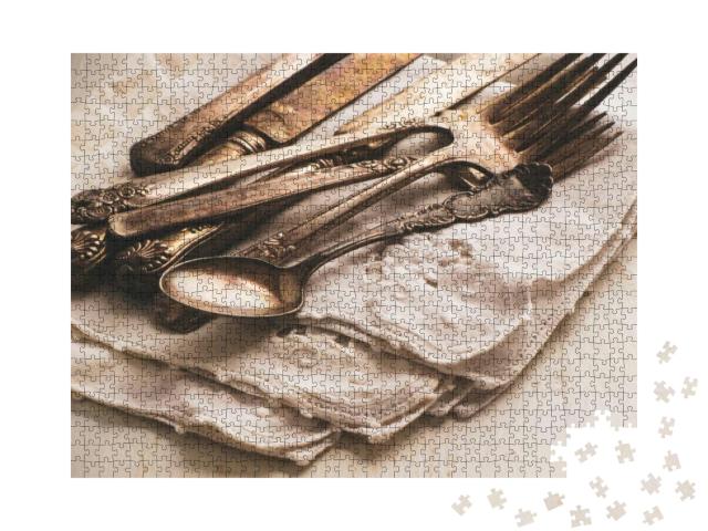 Vintage Silverware on Decorative Linen Napkins, Table Set... Jigsaw Puzzle with 1000 pieces