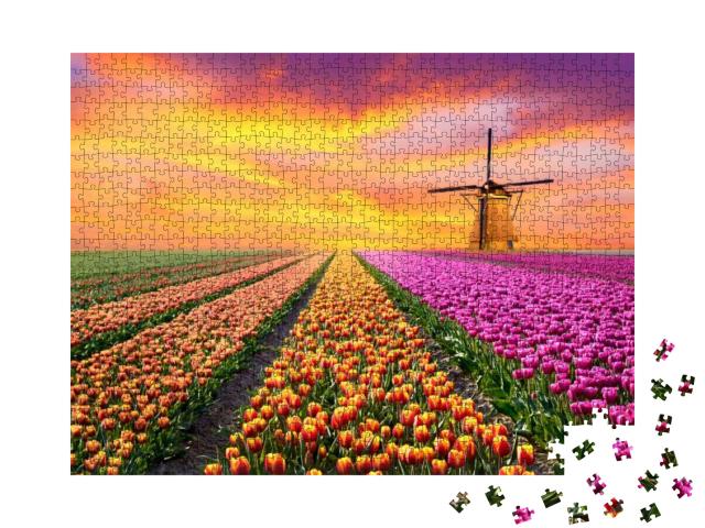 A Magical Landscape with Sunrise Over Tulip Field in the... Jigsaw Puzzle with 1000 pieces