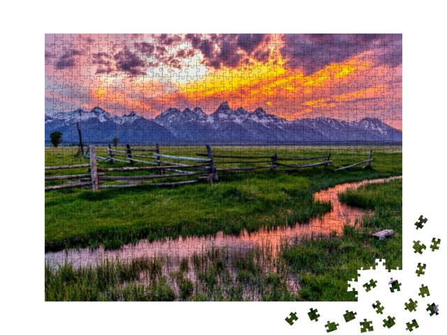 Golden Fiery Sunset At Grand Teton - a Colorful Spring Su... Jigsaw Puzzle with 1000 pieces