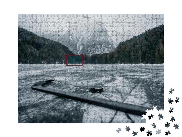 Pond Hockey on Frozen Lake. Ice Hockey Goal on an Empty O... Jigsaw Puzzle with 1000 pieces