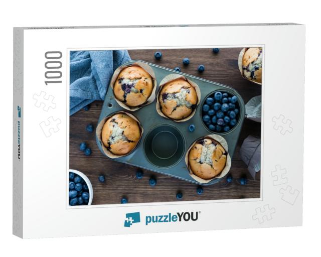 Blueberry Muffins in a Muffin Tin. Baked Goods Concept... Jigsaw Puzzle with 1000 pieces
