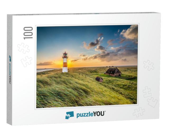 Sunrise At Lighthouse in List on the Island of Sylt, Schl... Jigsaw Puzzle with 100 pieces