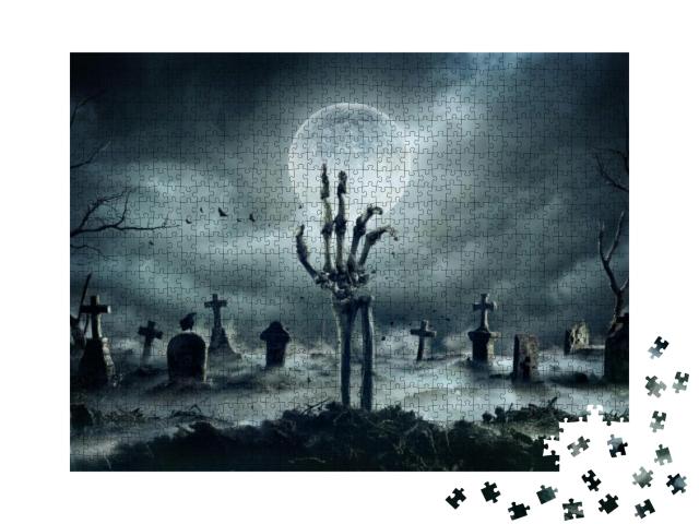 Skeleton Zombie Hand Rising Out of a Graveyard - Hallowee... Jigsaw Puzzle with 1000 pieces